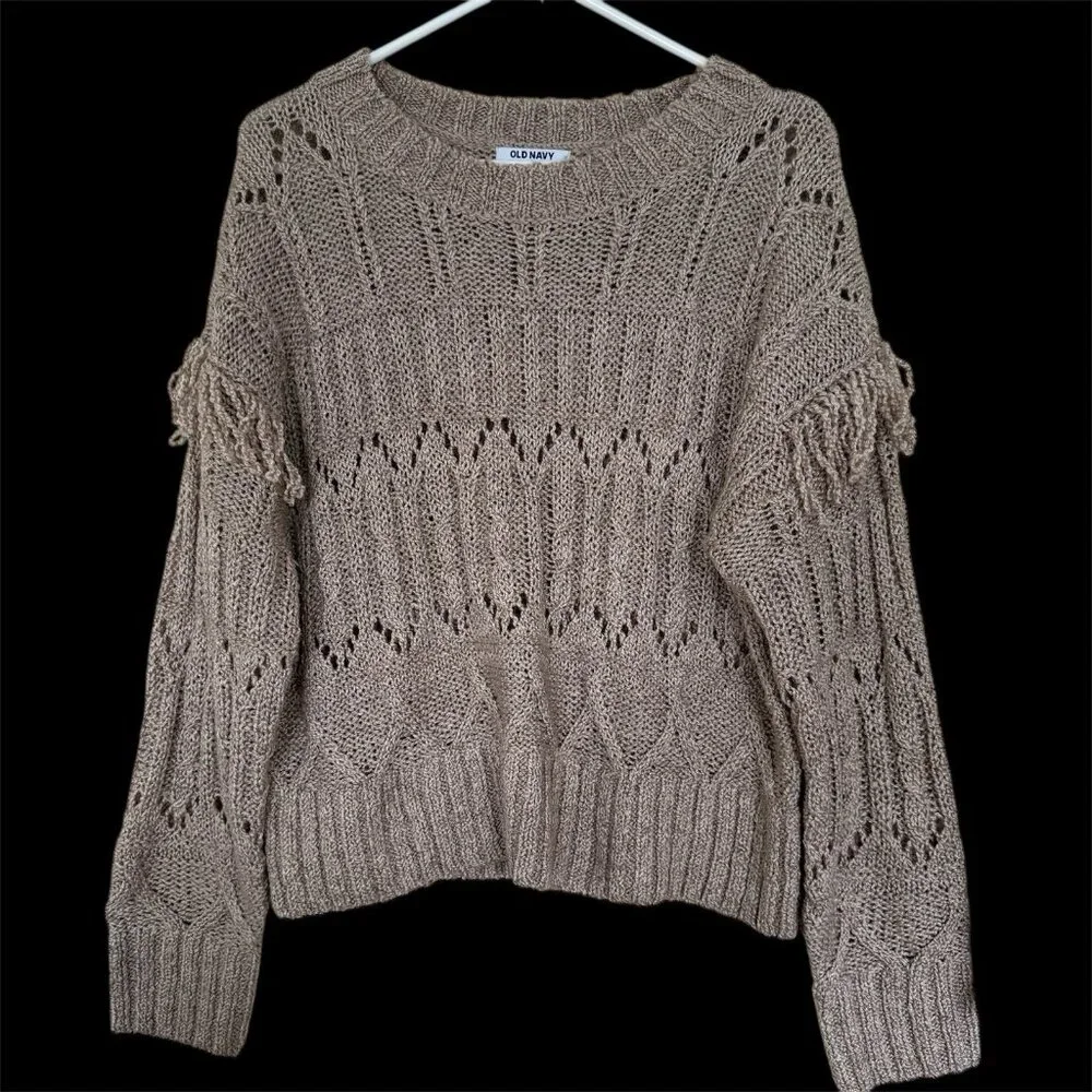 Old Navy Women Textured Fringe Sweater Size M Tan Relaxed Fit Boho Chic Festival